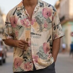 Silk Icon Mens 100% Silk Tropical Floral South Pacific Aloha Shirt Large Pastel